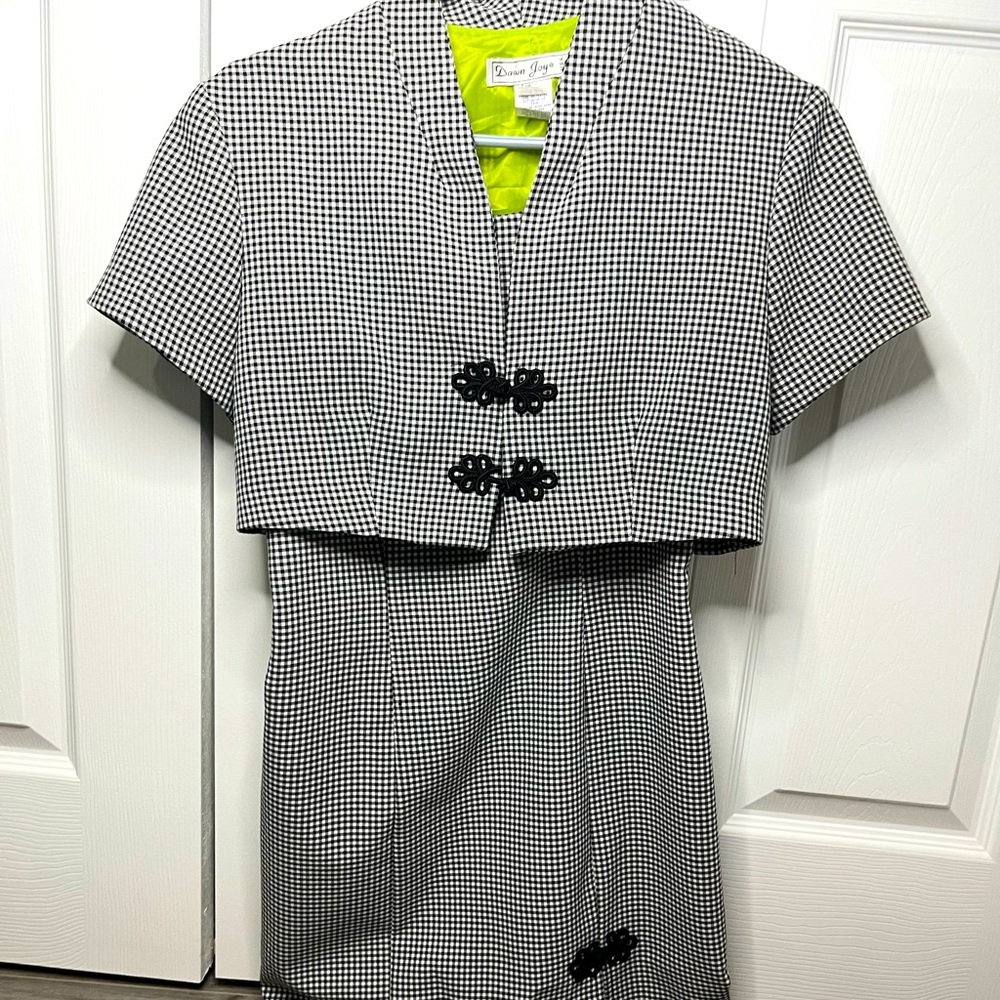 Black and white checkerboard dress and blazer set
